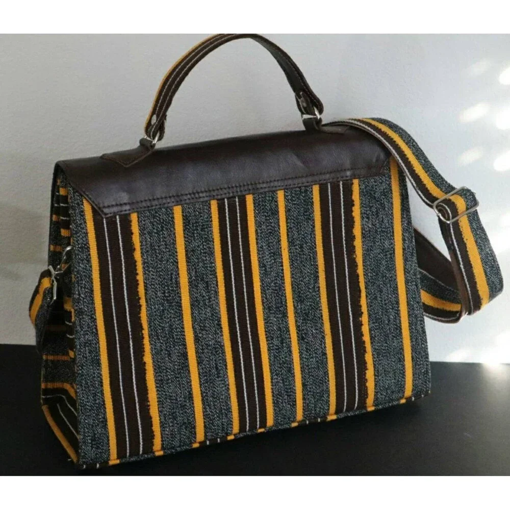 Handmade Briefcase crossbody bag, Kente(Ghana) handwoven fabric, laptop bag.